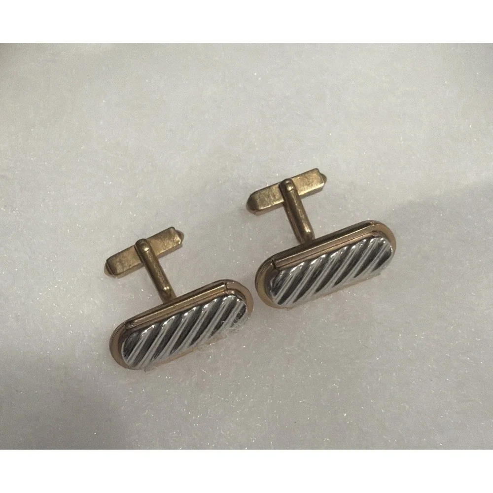 Vintage Swank Silver Gold Tone Cufflinks Oblong Diagonal Stripe Classic 1960s
